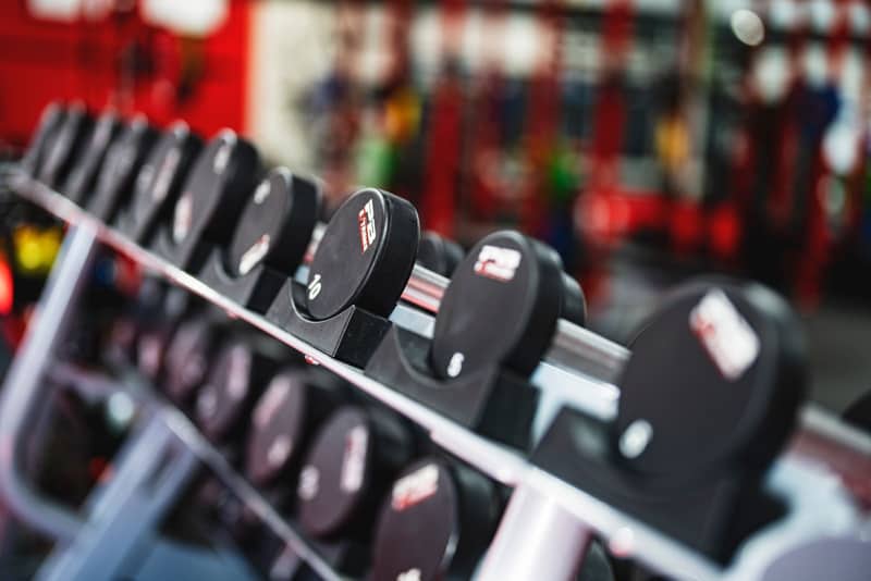 A rack of dumbbells in a gym
